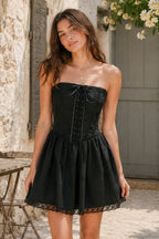 Robe noire courte en coton coupe trapèze bustier - Harana