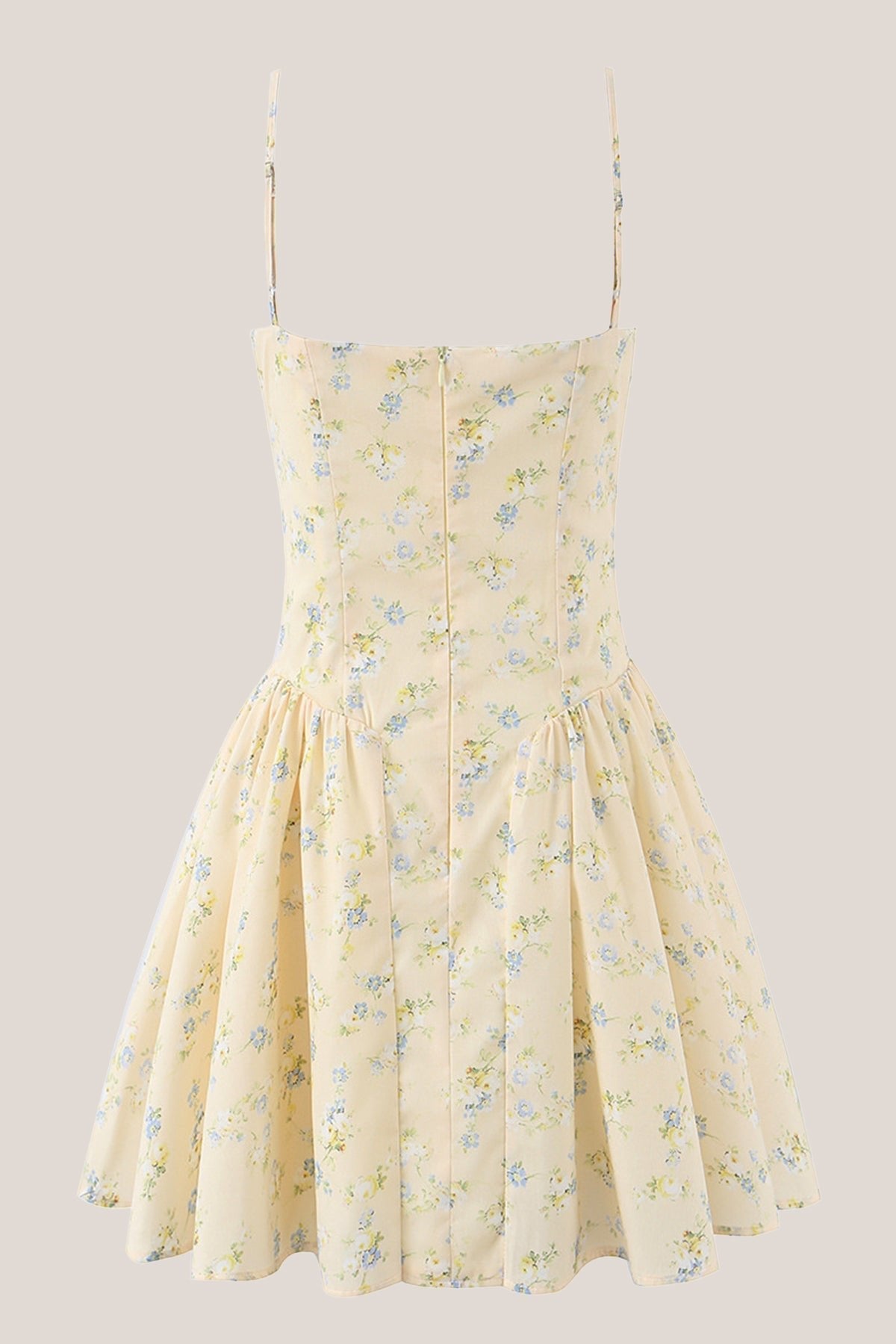 Robe jaune courte en coton coupe trapèze à décolleté cœur imprimée - Harana