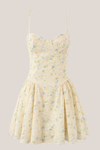 Robe jaune courte en coton coupe trapèze à décolleté cœur imprimée - Harana