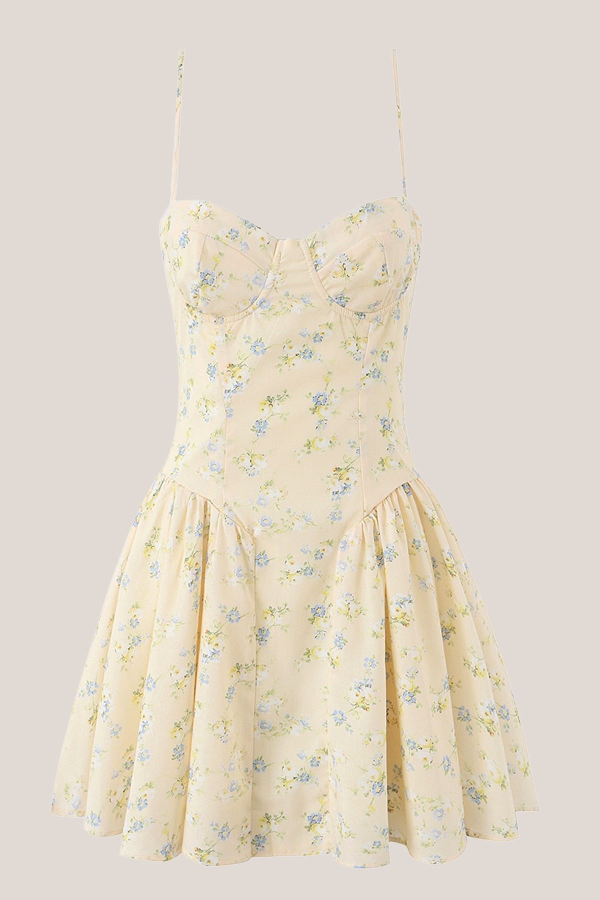 Robe jaune courte en coton coupe trapèze à décolleté cœur imprimée - Harana