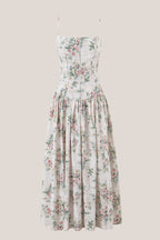 Robe verte midi en coton coupe trapèze à encolure carrée imprimée - Harana