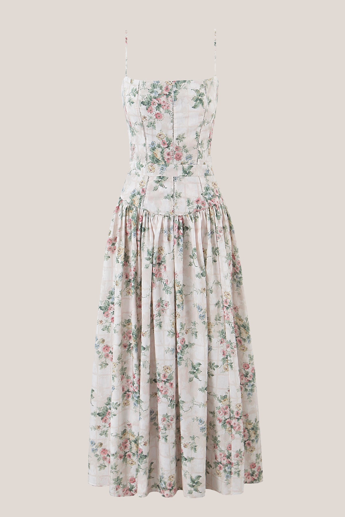 Robe verte midi en coton coupe trapèze à encolure carrée imprimée - Harana