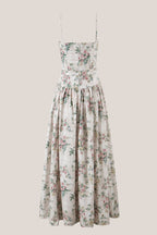 Robe verte midi en coton coupe trapèze à encolure carrée imprimée - Harana