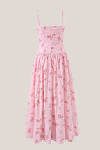 Robe rose midi en coton silhouette trapèze à encolure carrée imprimée - Harana