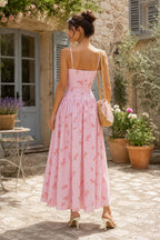 Robe rose midi en coton silhouette trapèze à encolure carrée imprimée - Harana