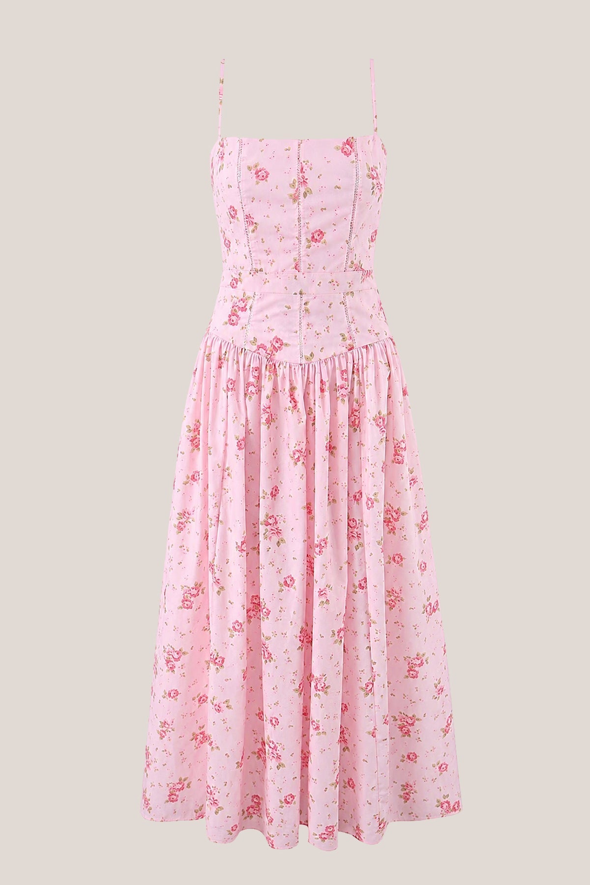 Robe rose midi en coton silhouette trapèze à encolure carrée imprimée - Harana
