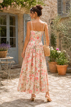 Robe rouge midi en coton coupe trapèze à encolure carrée imprimée - Harana