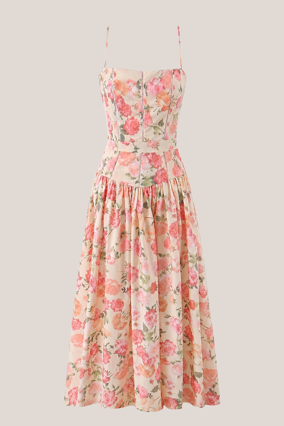 Robe rouge midi en coton coupe trapèze à encolure carrée imprimée - Harana