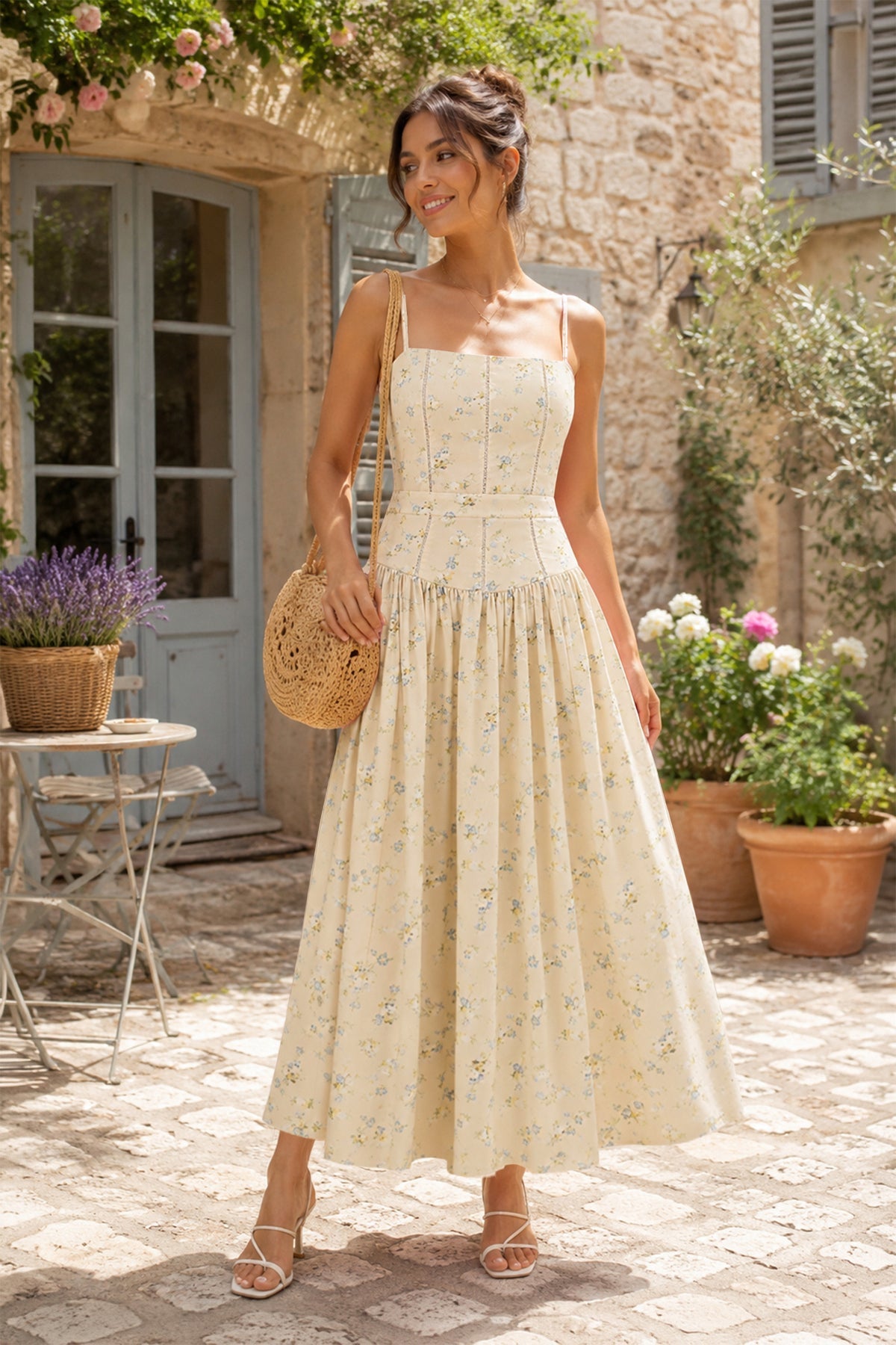 Robe jaune midi en coton silhouette trapèze à encolure carrée imprimée - Harana
