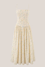 Robe jaune midi en coton silhouette trapèze à encolure carrée imprimée - Harana