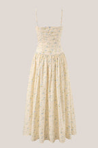 Robe jaune midi en coton silhouette trapèze à encolure carrée imprimée - Harana