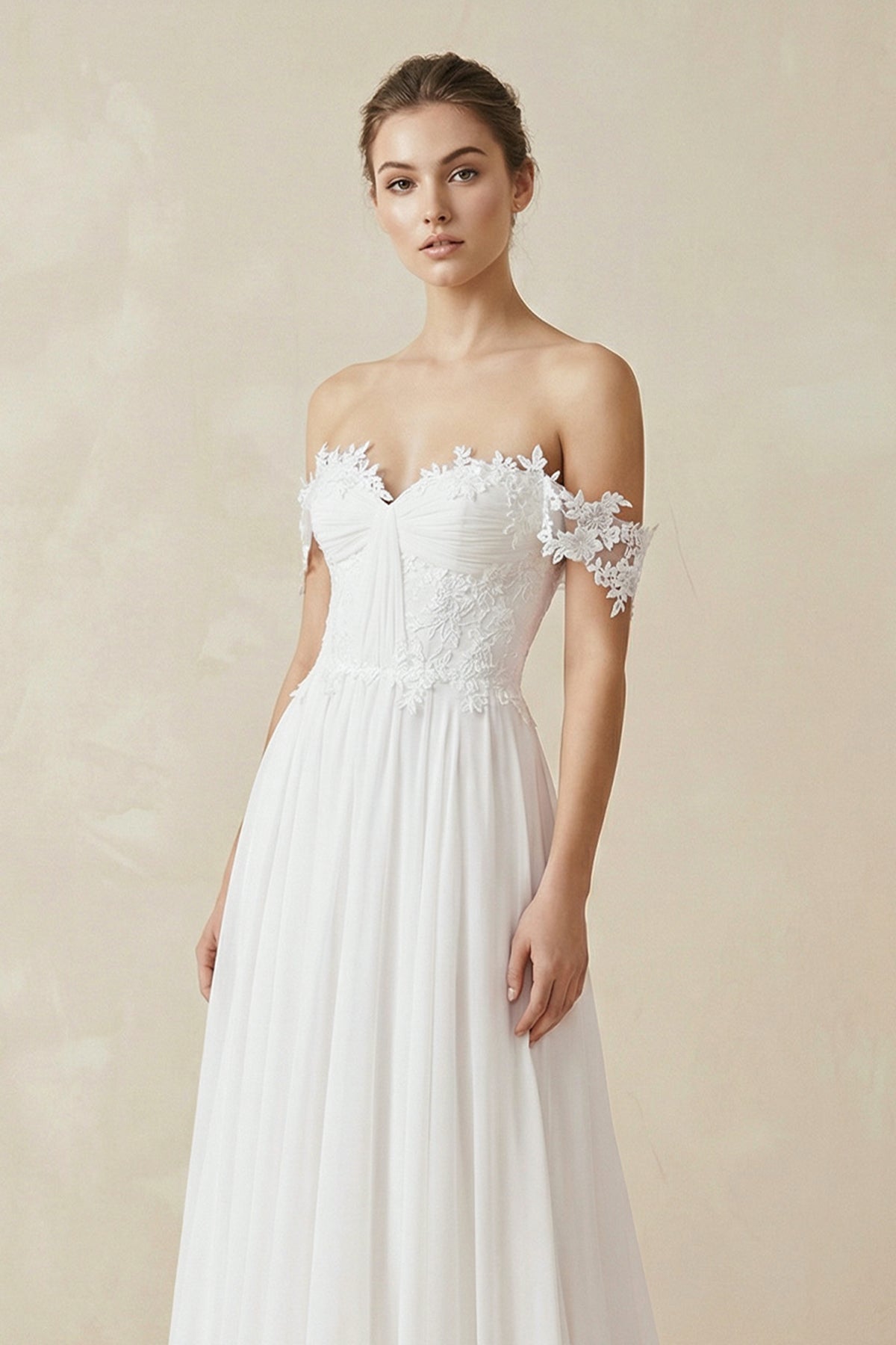 Robe de mariée blanche trapèze dentelle à épaules dénudées à corset - Harana