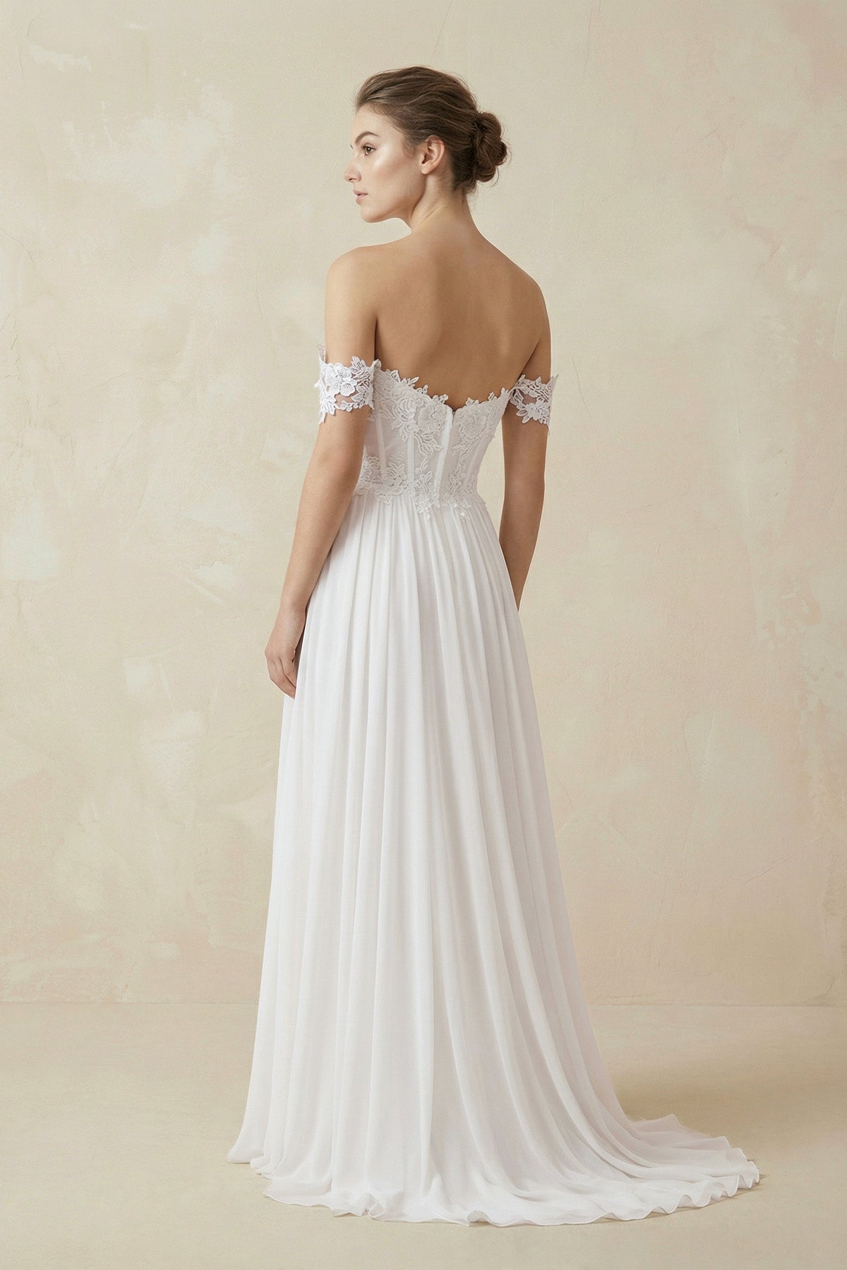 Robe de mariée blanche trapèze dentelle à épaules dénudées à corset - Harana