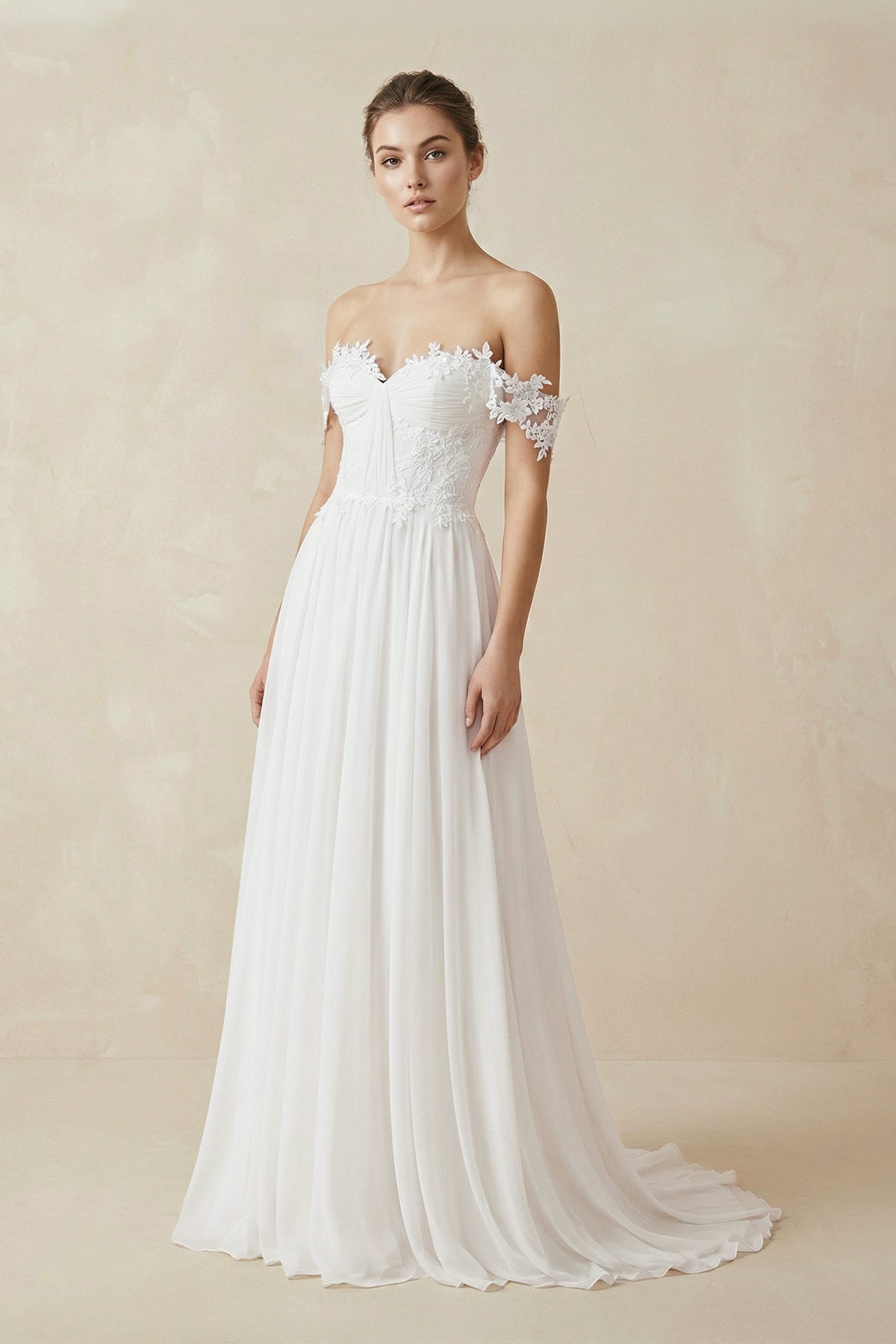 Robe de mariée blanche trapèze dentelle à épaules dénudées à corset - Harana