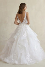 Robe de mariée blanc longue col V sans manches à volants - Harana