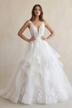 Robe de mariée blanc longue col V sans manches à volants - Harana