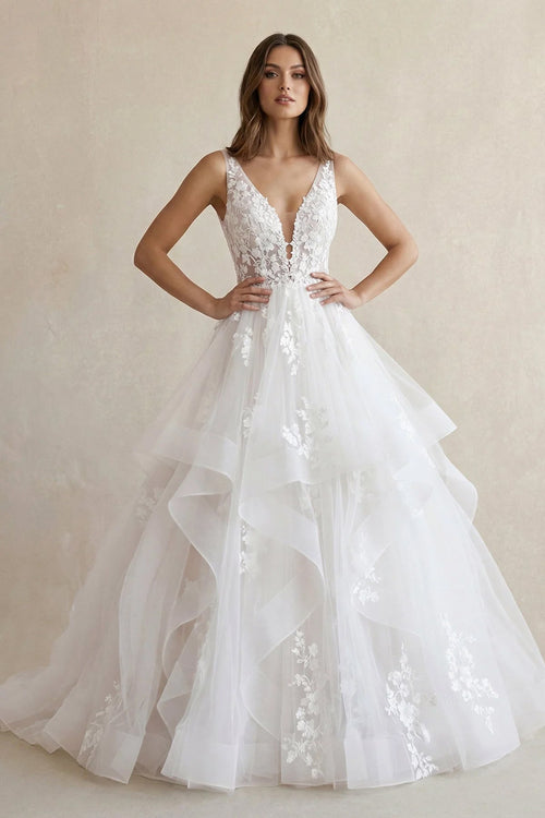 Robe de mariée blanc longue col V sans manches à volants - Harana