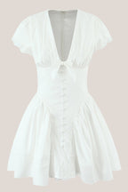 Robe blanche courte en coton coupe trapèze à col V - Harana