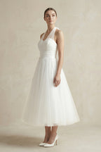 Robe de mariée blanche trapèze en tulle dos nu sans manches - Harana