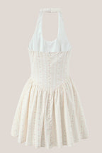 Robe blanche courte coupe trapèze à col licou et imprimé floral rétro - Harana