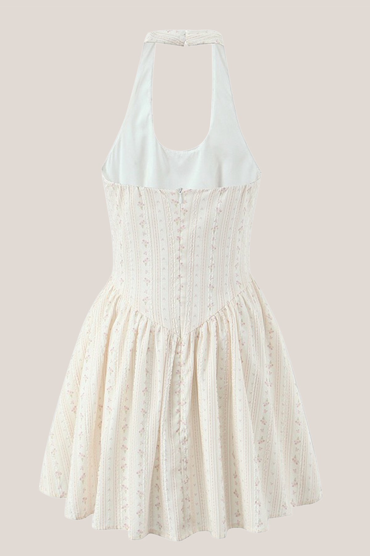 Robe blanche courte coupe trapèze à col licou et imprimé floral rétro - Harana