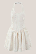 Robe blanche courte coupe trapèze à col licou et imprimé floral rétro - Harana
