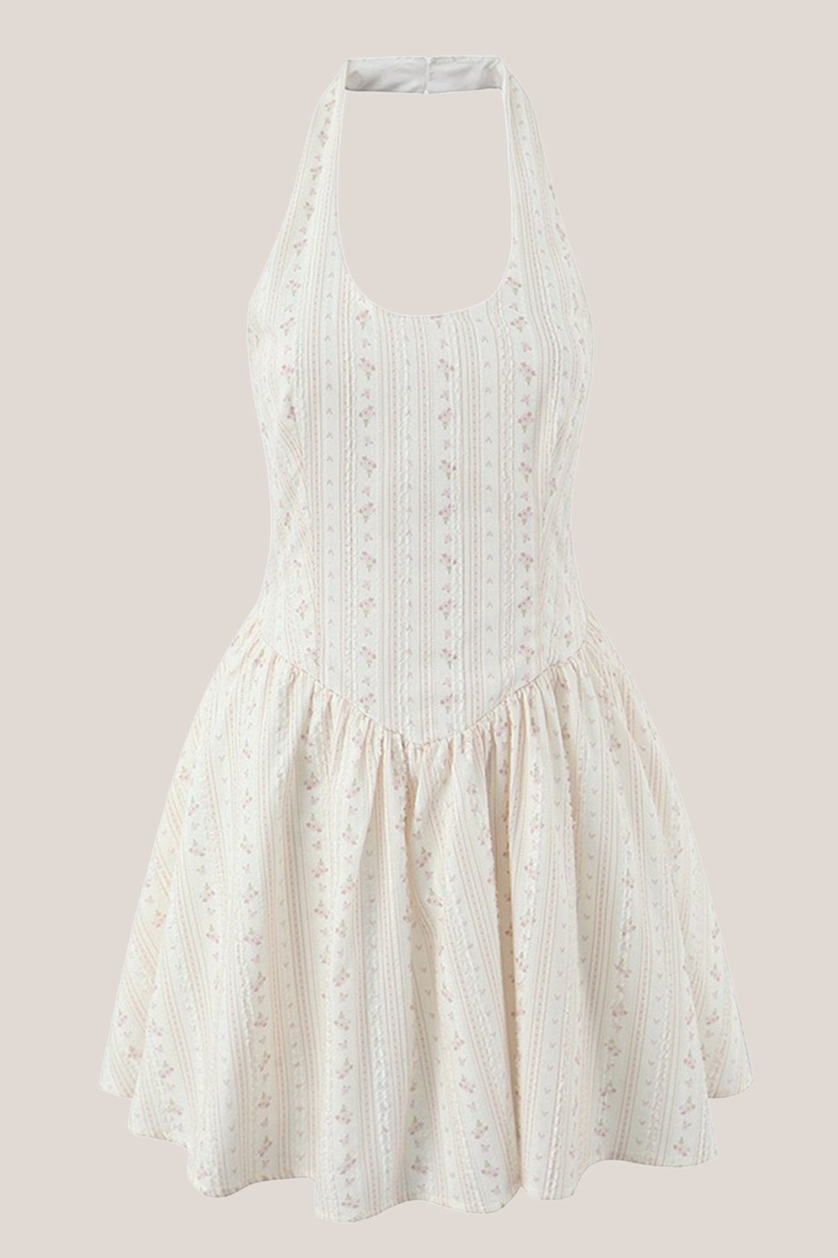 Robe blanche courte coupe trapèze à col licou et imprimé floral rétro - Harana
