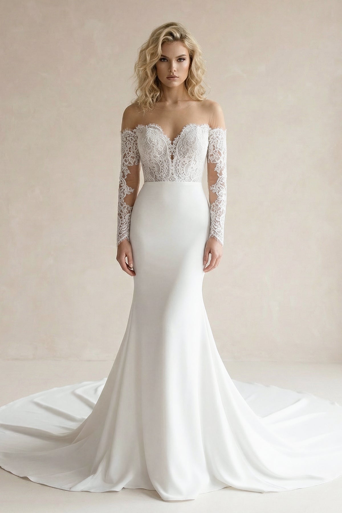Robe de mariée blanche satinée silhouette sirène à encolure Bardot - Harana