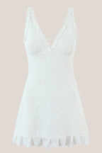 Robe blanche courte coupe trapèze à col V ornée de volants - Harana