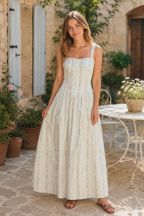 Robe blanche midi en coton coupe trapèze à imprimé floral rétro - Harana