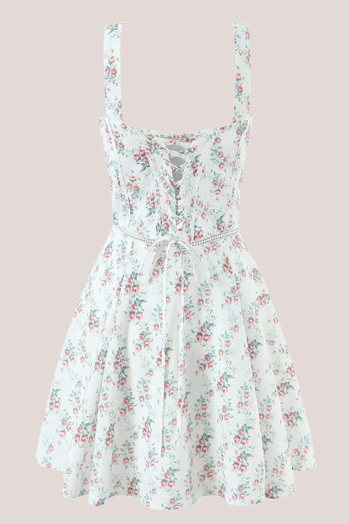 Robe blanche courte en coton coupe trapèze à imprimé floral rétro - Harana