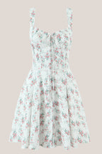 Robe blanche courte en coton coupe trapèze à imprimé floral rétro - Harana