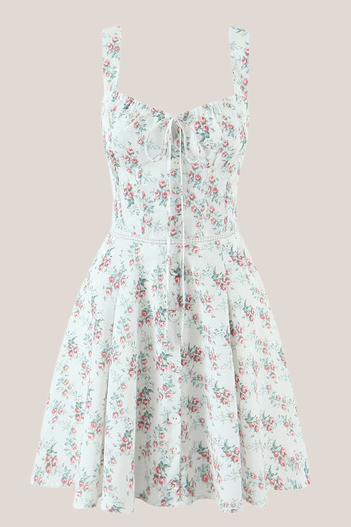 Robe blanche courte en coton coupe trapèze à imprimé floral rétro - Harana