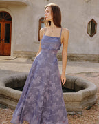 Robe longue jacquard à fines bretelles bleu - Harana