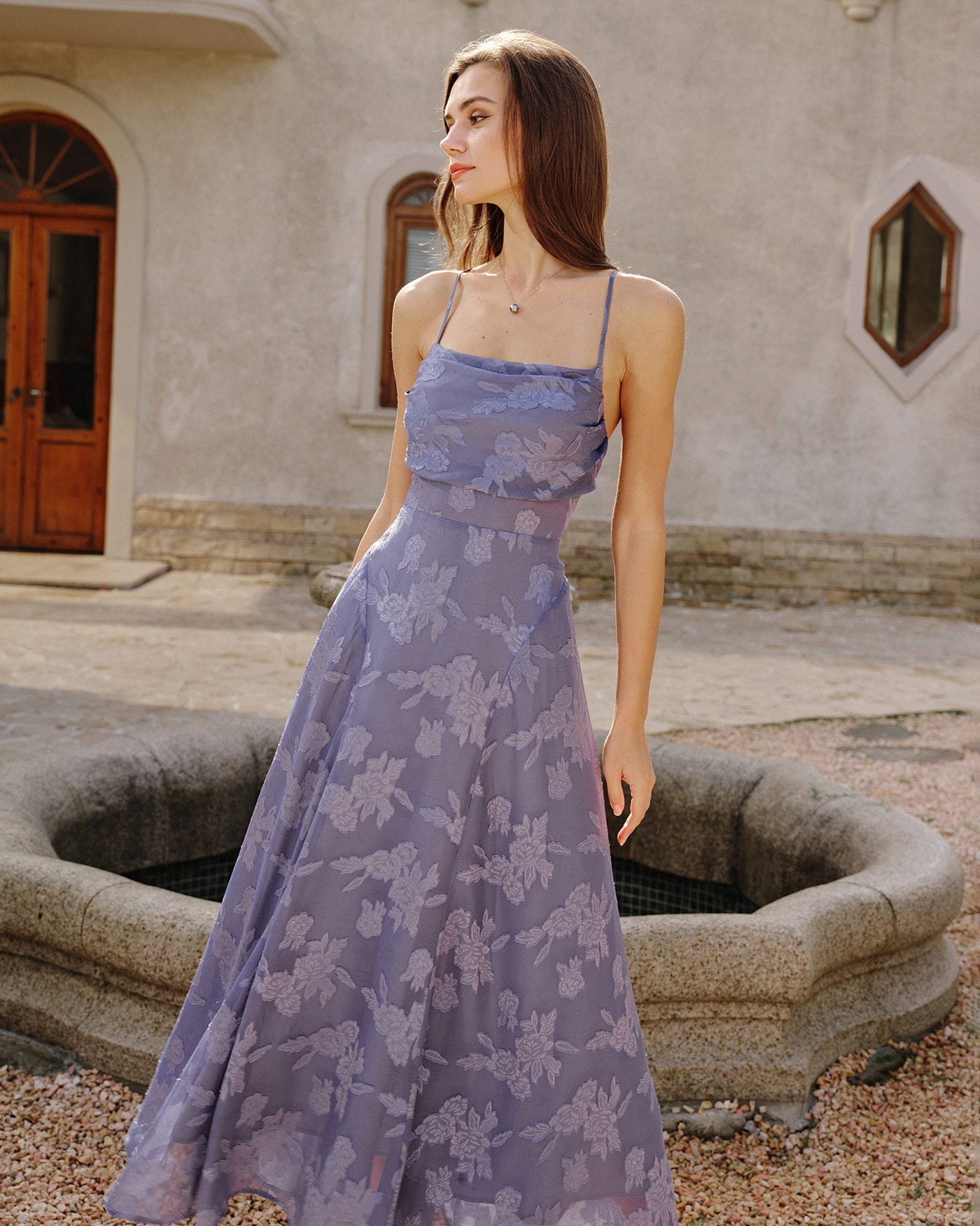 Robe longue jacquard à fines bretelles bleu - Harana