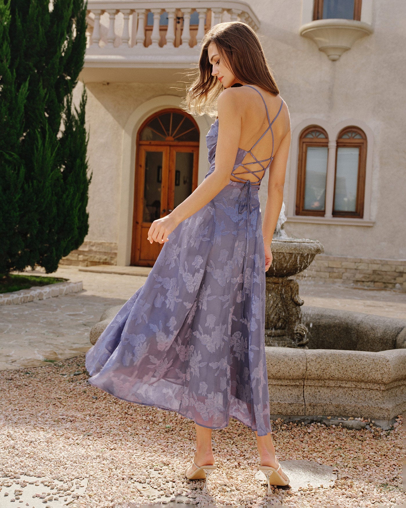 Robe longue jacquard à fines bretelles bleu - Harana